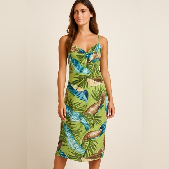Tommy Bahama Silk Linen Tropical Leaf Print Dress Green Blue Size 14 Hawaiian - Picture 1 of 6